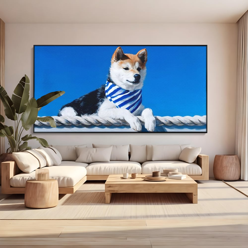 Tablou Canvas Premium, LuxCanva® M1279, In Briza Oceanului, Nautic, Marinar, Esarfa, Albastru, Caine, Shiba, Aventura, Relaxare, Franghie, Calatorie, Blanita, Birou, Living, Camera Copil