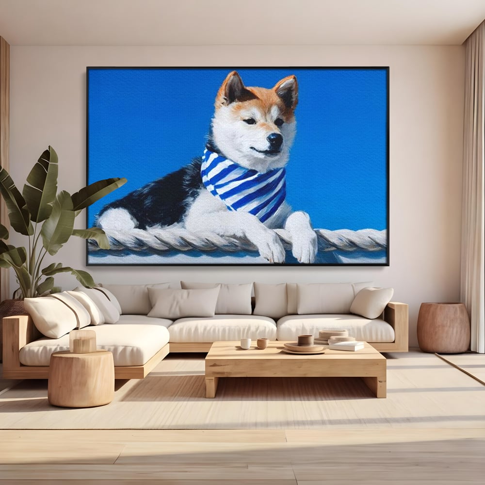 Tablou Canvas Premium, LuxCanva® M1279, In Briza Oceanului, Nautic, Marinar, Esarfa, Albastru, Caine, Shiba, Aventura, Relaxare, Franghie, Calatorie, Blanita, Birou, Living, Camera Copil