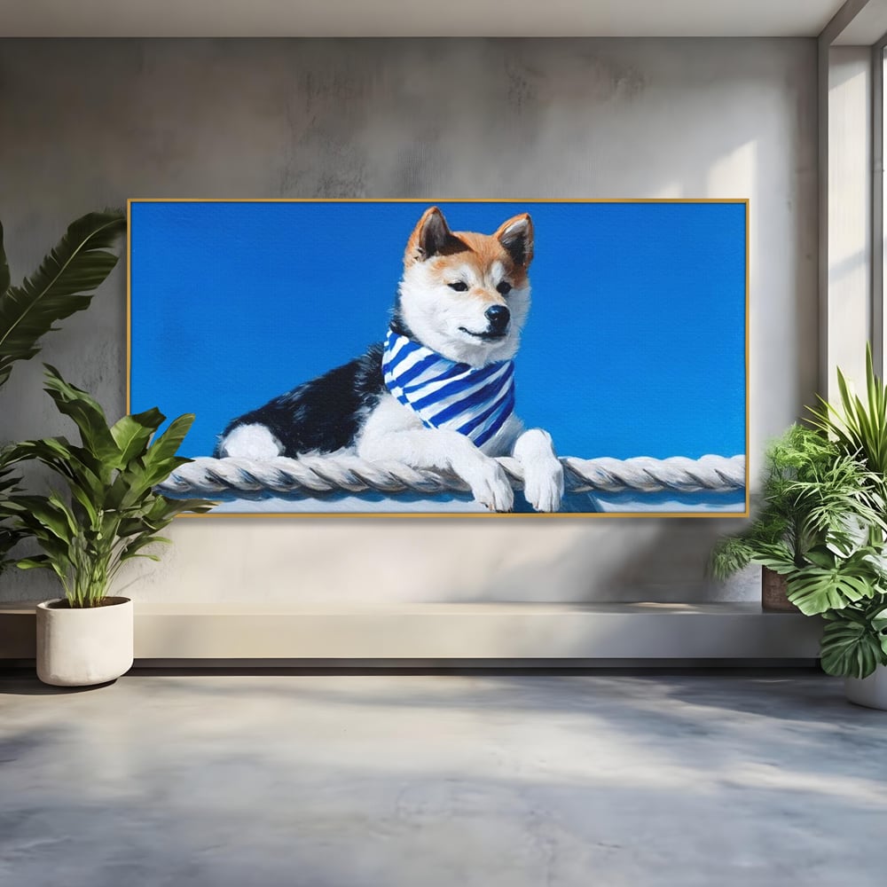 Tablou Canvas Premium, LuxCanva® M1279, In Briza Oceanului, Nautic, Marinar, Esarfa, Albastru, Caine, Shiba, Aventura, Relaxare, Franghie, Calatorie, Blanita, Birou, Living, Camera Copil