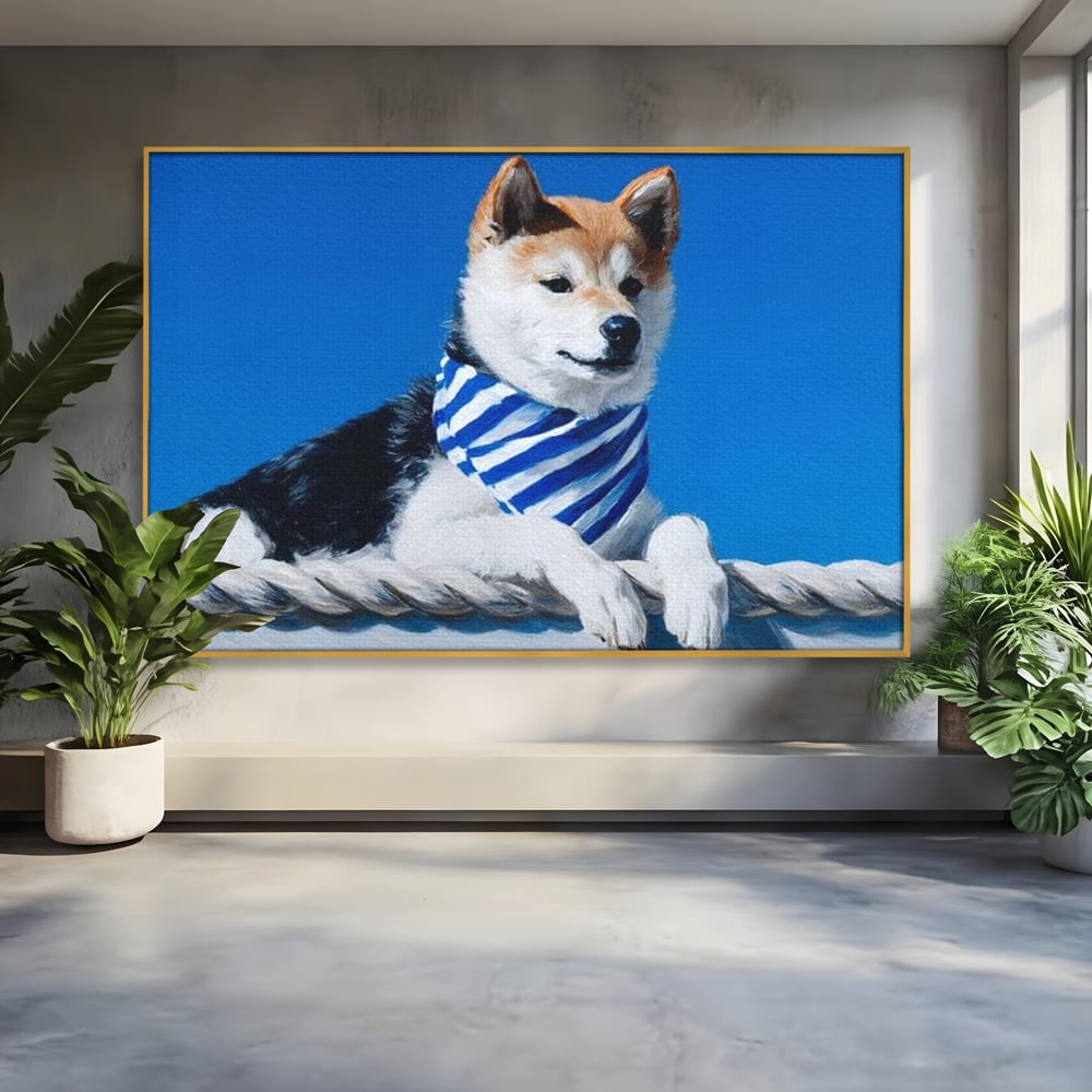 Tablou Canvas Premium, LuxCanva® M1279, In Briza Oceanului, Nautic, Marinar, Esarfa, Albastru, Caine, Shiba, Aventura, Relaxare, Franghie, Calatorie, Blanita, Birou, Living, Camera Copil