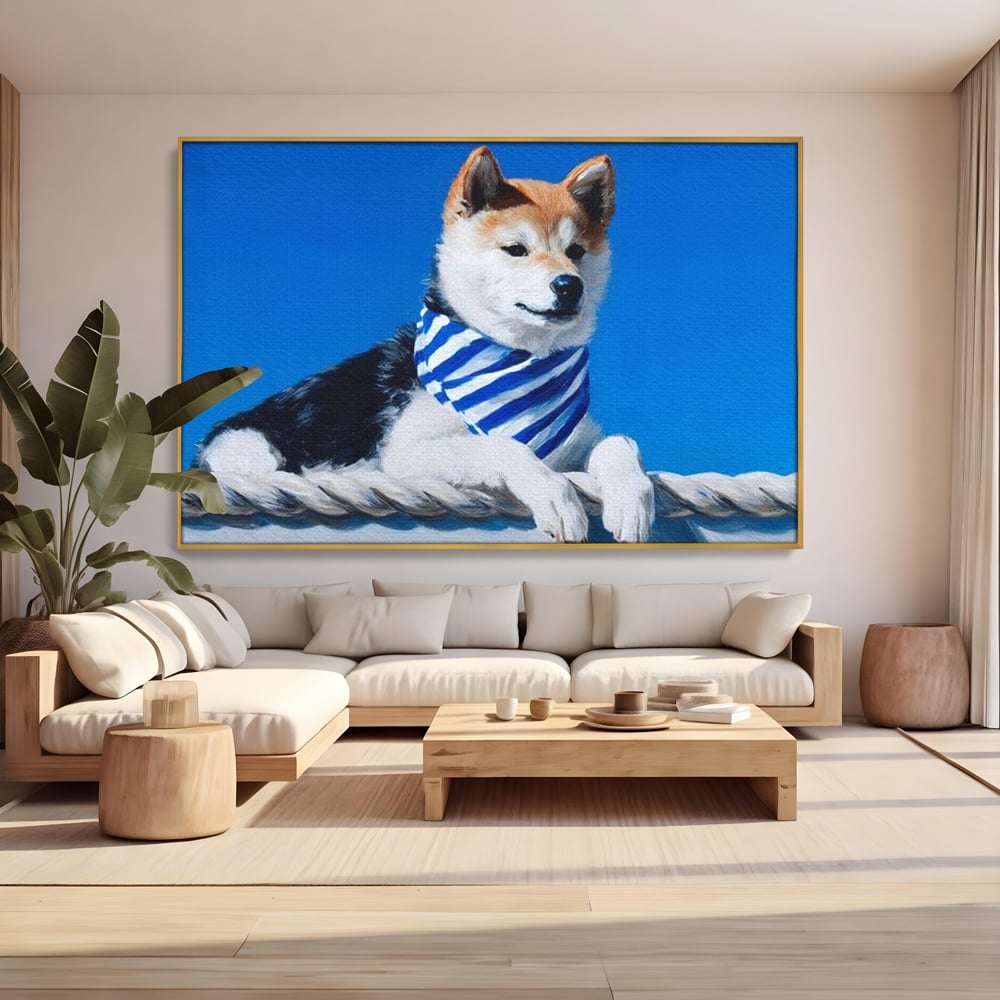 Tablou Canvas Premium, LuxCanva® M1279, In Briza Oceanului, Nautic, Marinar, Esarfa, Albastru, Caine, Shiba, Aventura, Relaxare, Franghie, Calatorie, Blanita, Birou, Living, Camera Copil