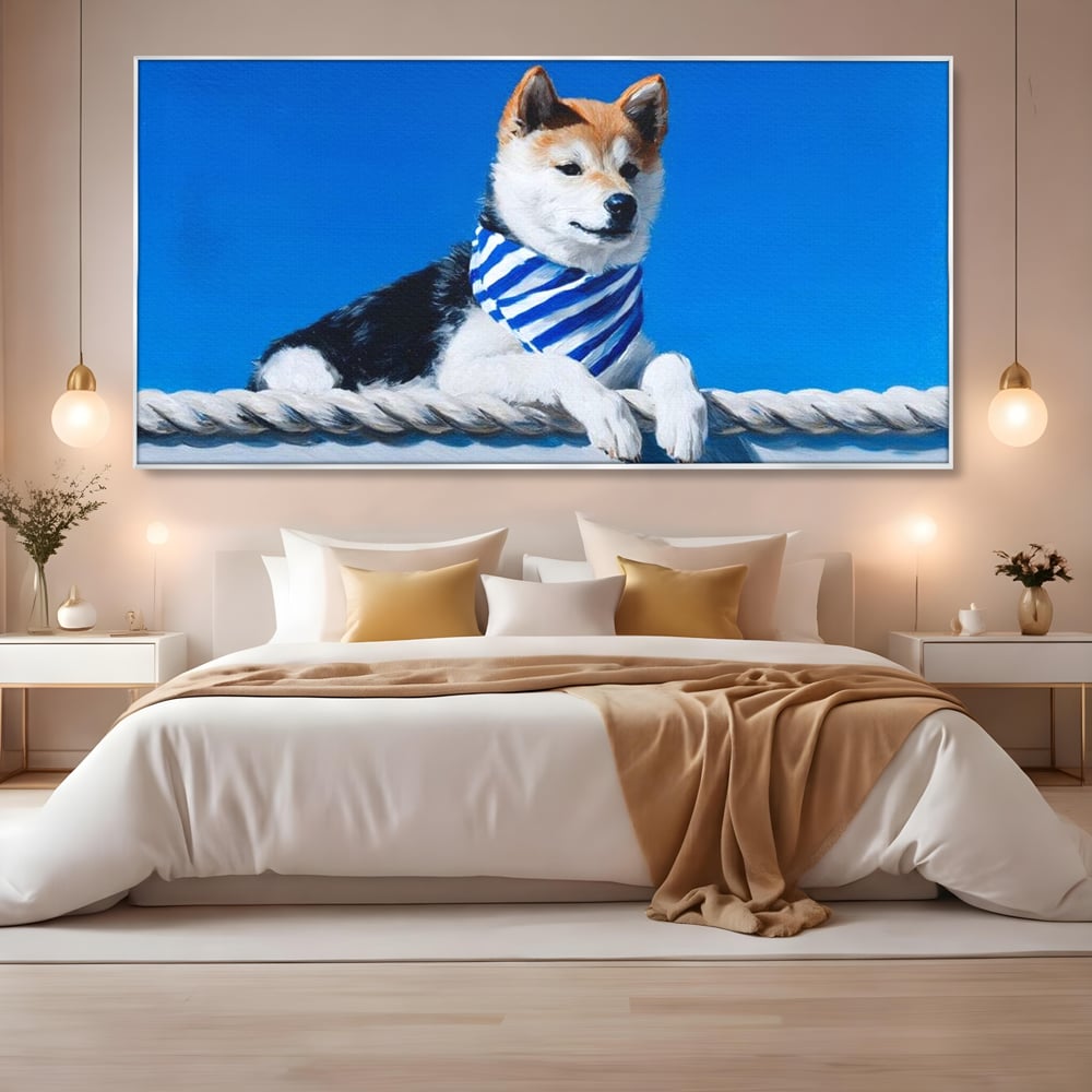 Tablou Canvas Premium, LuxCanva® M1279, In Briza Oceanului, Nautic, Marinar, Esarfa, Albastru, Caine, Shiba, Aventura, Relaxare, Franghie, Calatorie, Blanita, Birou, Living, Camera Copil