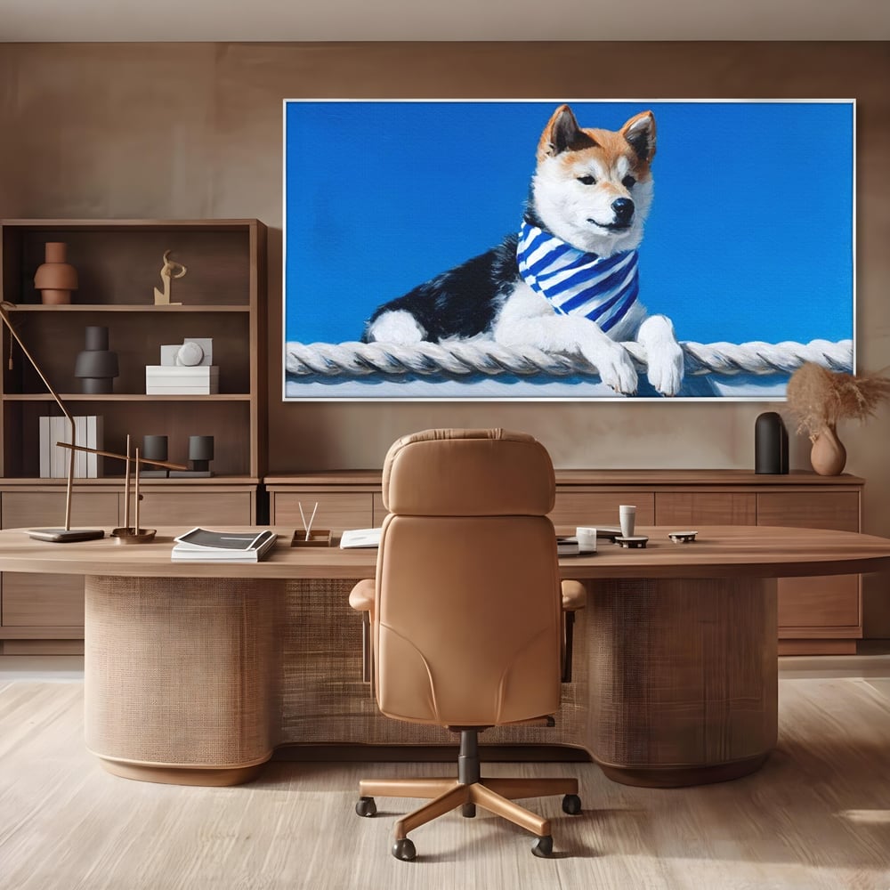 Tablou Canvas Premium, LuxCanva® M1279, In Briza Oceanului, Nautic, Marinar, Esarfa, Albastru, Caine, Shiba, Aventura, Relaxare, Franghie, Calatorie, Blanita, Birou, Living, Camera Copil