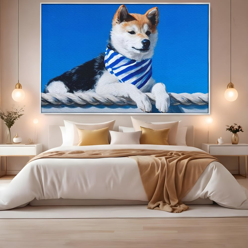 Tablou Canvas Premium, LuxCanva® M1279, In Briza Oceanului, Nautic, Marinar, Esarfa, Albastru, Caine, Shiba, Aventura, Relaxare, Franghie, Calatorie, Blanita, Birou, Living, Camera Copil