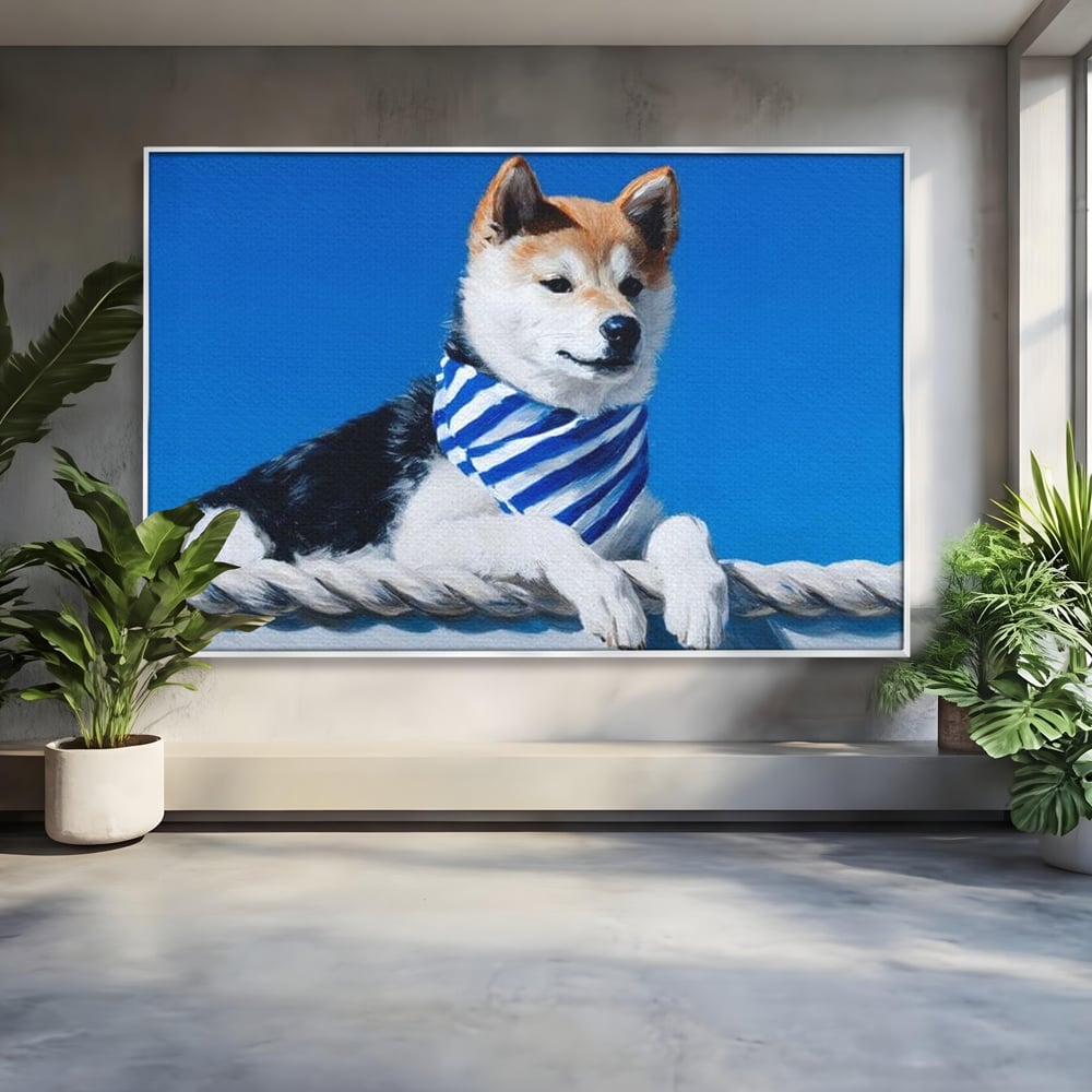 Tablou Canvas Premium, LuxCanva® M1279, In Briza Oceanului, Nautic, Marinar, Esarfa, Albastru, Caine, Shiba, Aventura, Relaxare, Franghie, Calatorie, Blanita, Birou, Living, Camera Copil