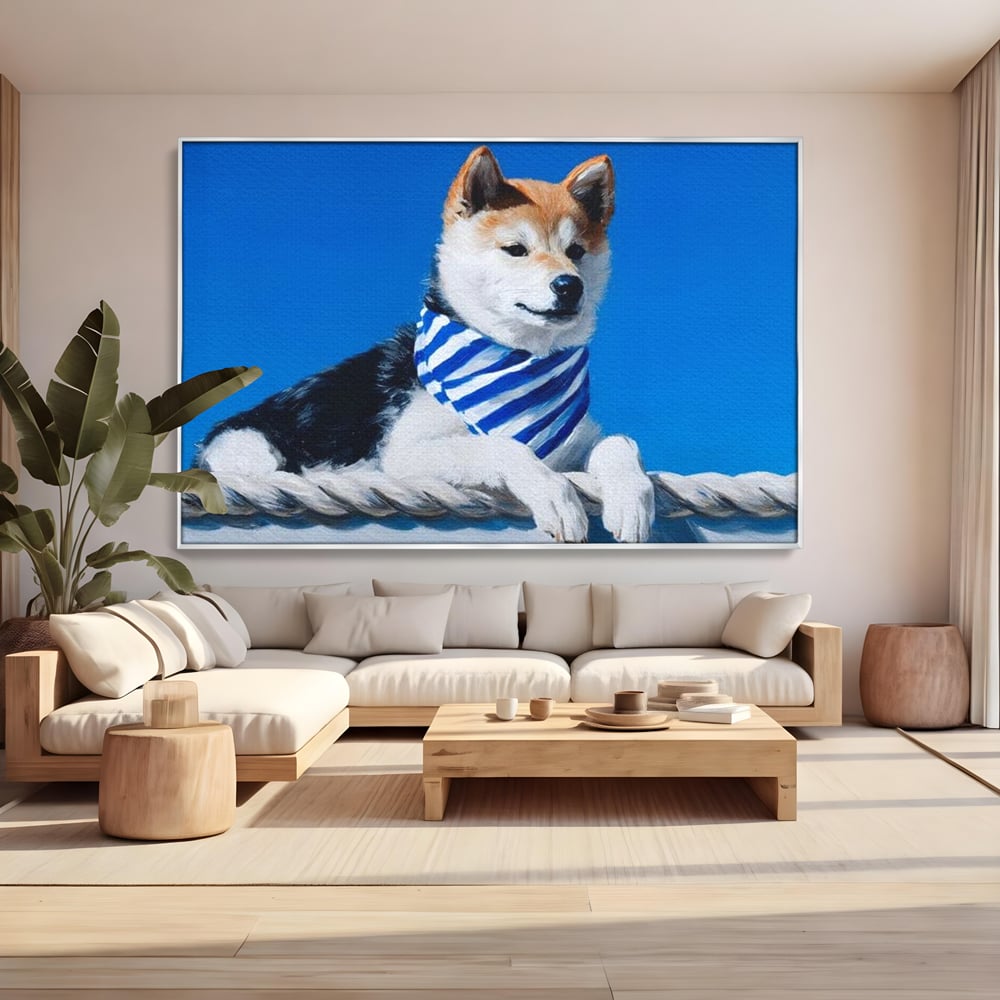 Tablou Canvas Premium, LuxCanva® M1279, In Briza Oceanului, Nautic, Marinar, Esarfa, Albastru, Caine, Shiba, Aventura, Relaxare, Franghie, Calatorie, Blanita, Birou, Living, Camera Copil