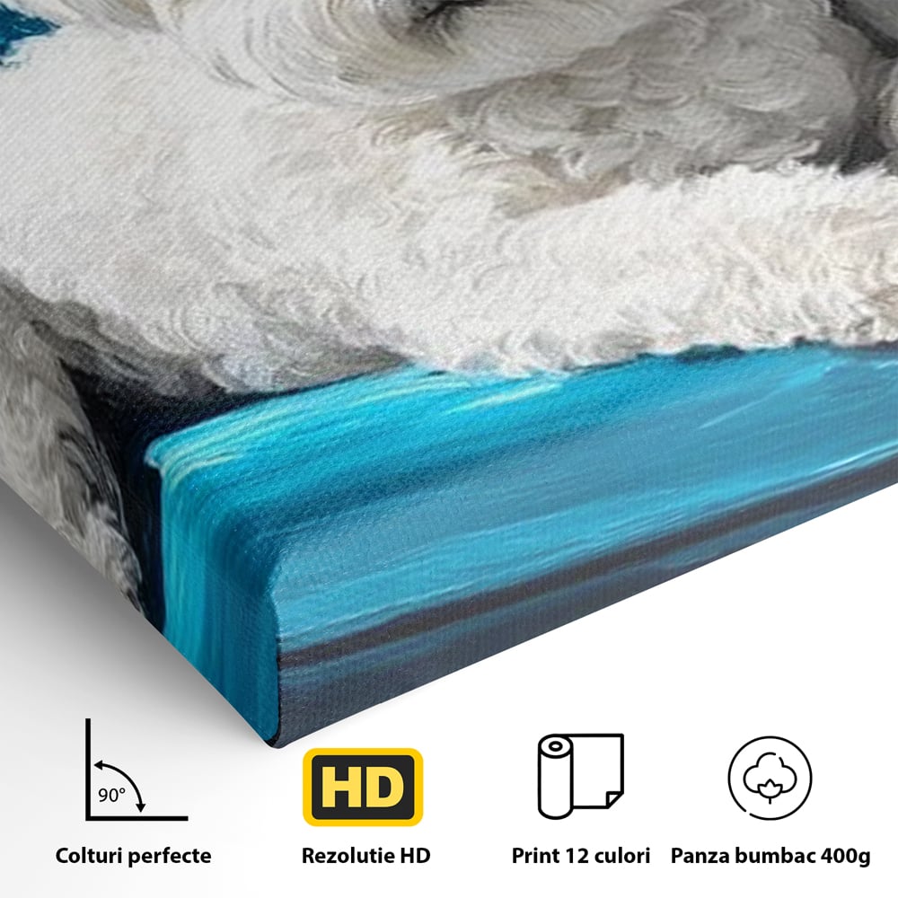 Tablou Canvas Premium, LuxCanva® M1280, Pufosenie Sofisticata, Bichon, Blanos, Canapea, Perna, Eleganta, Rafinament, Pictura, Relaxare, Caine, Confort, Birou, Living, Camera Copil