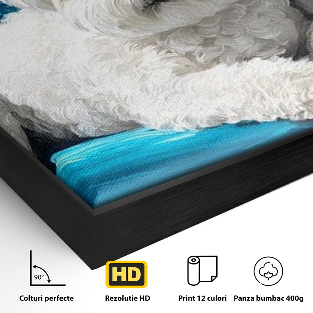 Tablou Canvas Premium, LuxCanva® M1280, Pufosenie Sofisticata, Bichon, Blanos, Canapea, Perna, Eleganta, Rafinament, Pictura, Relaxare, Caine, Confort, Birou, Living, Camera Copil