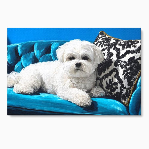 Tablou Canvas Premium, LuxCanva® M1280, Pufosenie Sofisticata, Bichon, Blanos, Canapea, Perna, Eleganta, Rafinament, Pictura, Relaxare, Caine, Confort, Birou, Living, Camera Copil