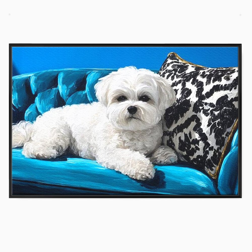 Tablou Canvas Premium, LuxCanva® M1280, Pufosenie Sofisticata, Bichon, Blanos, Canapea, Perna, Eleganta, Rafinament, Pictura, Relaxare, Caine, Confort, Birou, Living, Camera Copil