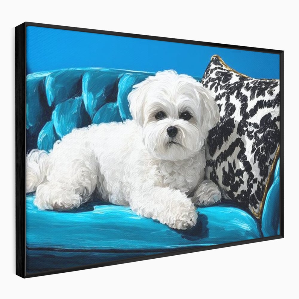 Tablou Canvas Premium, LuxCanva® M1280, Pufosenie Sofisticata, Bichon, Blanos, Canapea, Perna, Eleganta, Rafinament, Pictura, Relaxare, Caine, Confort, Birou, Living, Camera Copil