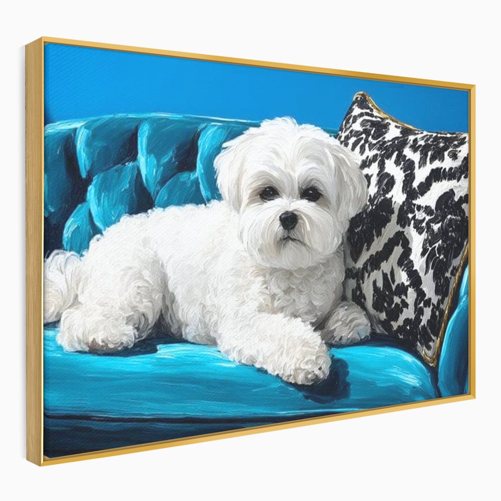 Tablou Canvas Premium, LuxCanva® M1280, Pufosenie Sofisticata, Bichon, Blanos, Canapea, Perna, Eleganta, Rafinament, Pictura, Relaxare, Caine, Confort, Birou, Living, Camera Copil