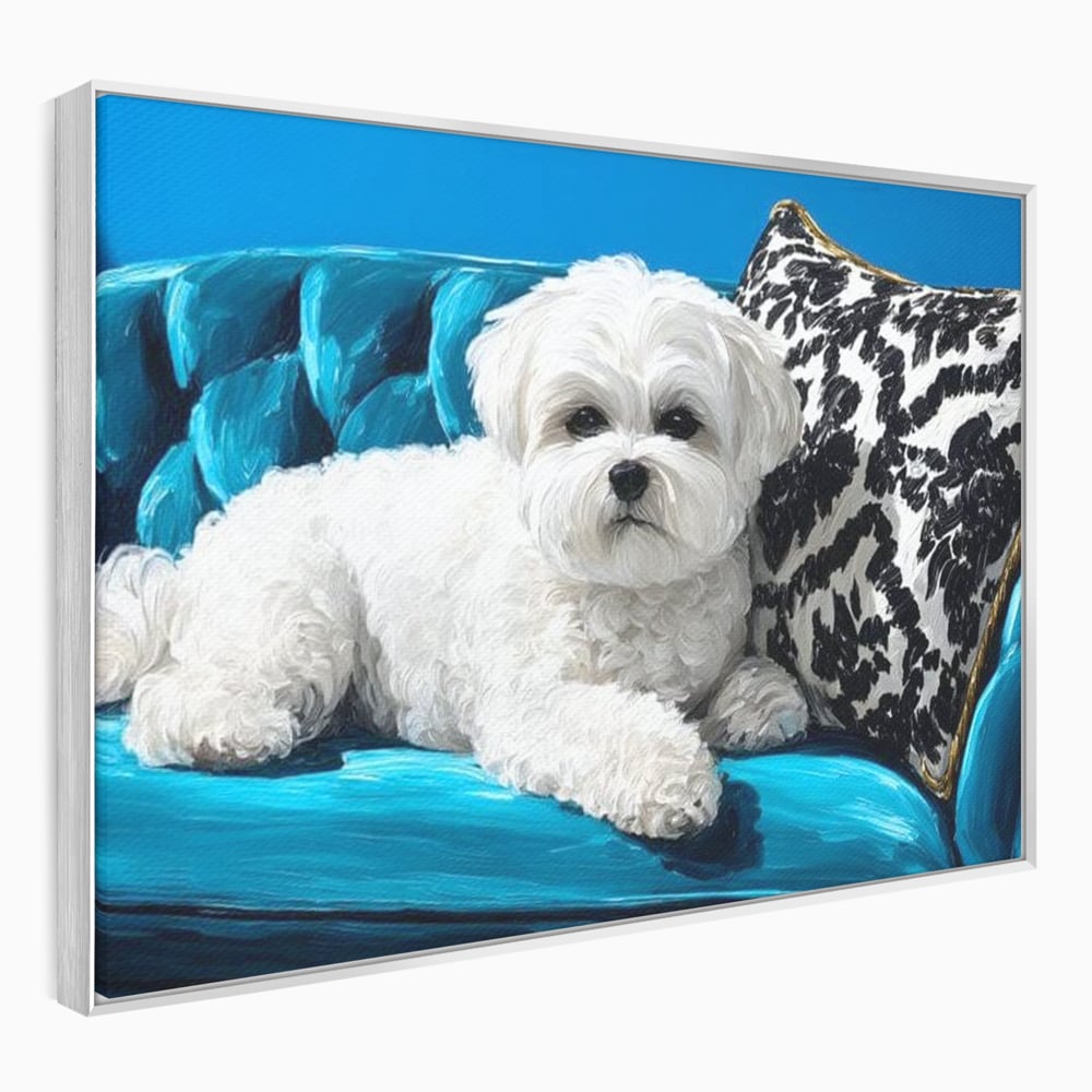 Tablou Canvas Premium, LuxCanva® M1280, Pufosenie Sofisticata, Bichon, Blanos, Canapea, Perna, Eleganta, Rafinament, Pictura, Relaxare, Caine, Confort, Birou, Living, Camera Copil