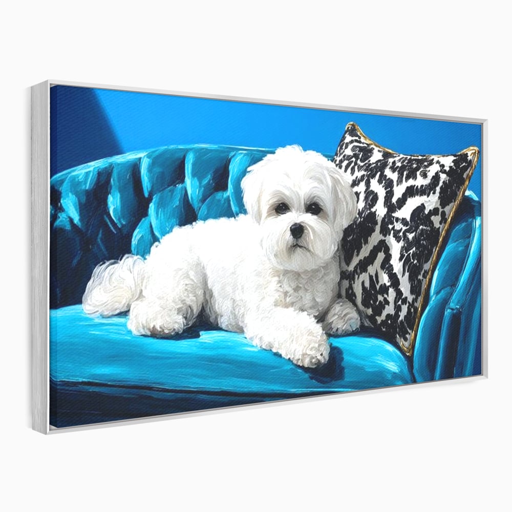 Tablou Canvas Premium, LuxCanva® M1280, Pufosenie Sofisticata, Bichon, Blanos, Canapea, Perna, Eleganta, Rafinament, Pictura, Relaxare, Caine, Confort, Birou, Living, Camera Copil