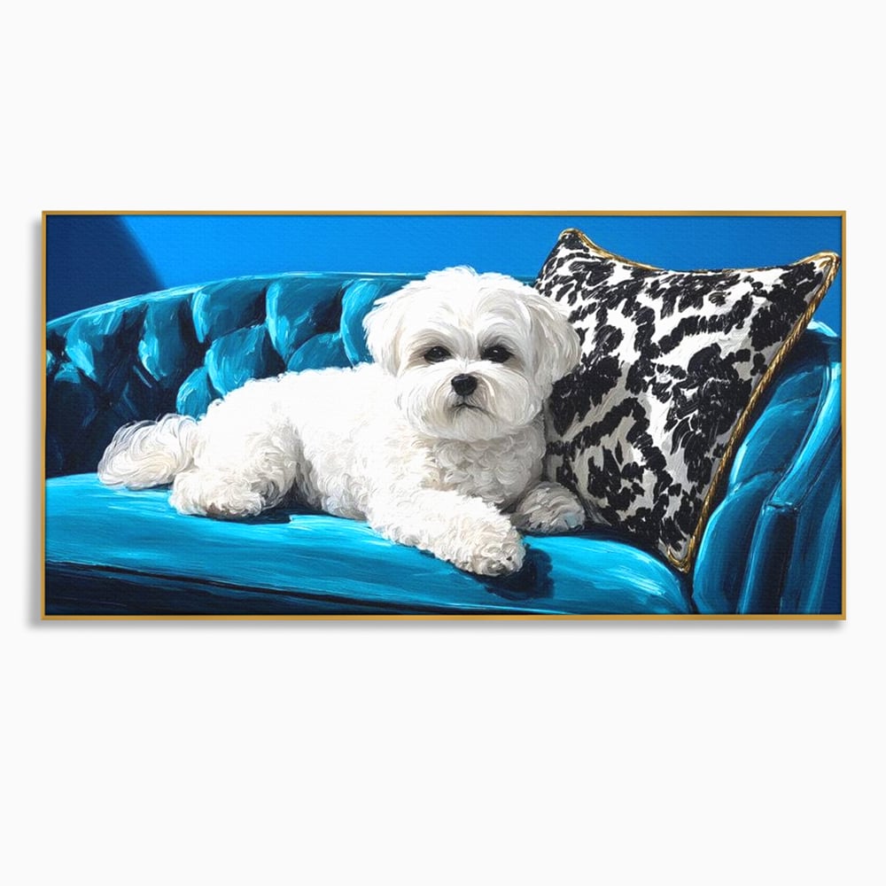 Tablou Canvas Premium, LuxCanva® M1280, Pufosenie Sofisticata, Bichon, Blanos, Canapea, Perna, Eleganta, Rafinament, Pictura, Relaxare, Caine, Confort, Birou, Living, Camera Copil