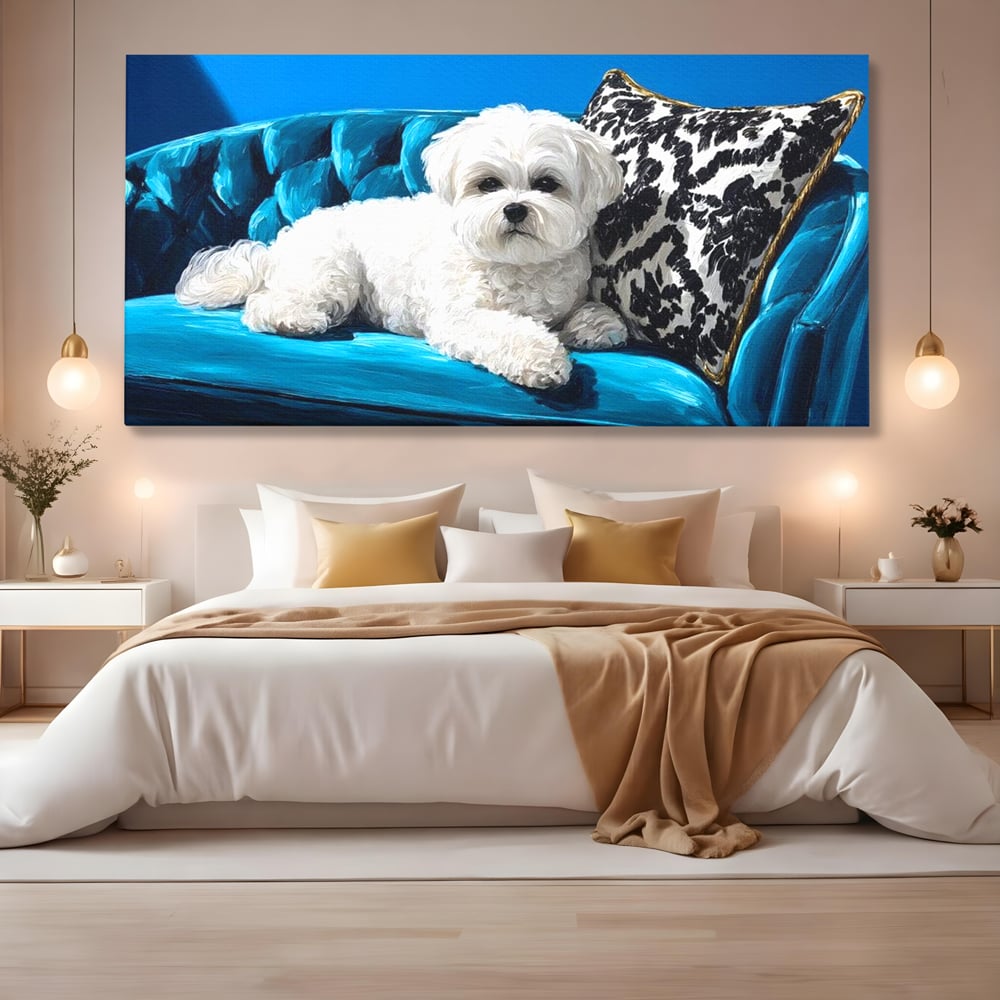 Tablou Canvas Premium, LuxCanva® M1280, Pufosenie Sofisticata, Bichon, Blanos, Canapea, Perna, Eleganta, Rafinament, Pictura, Relaxare, Caine, Confort, Birou, Living, Camera Copil