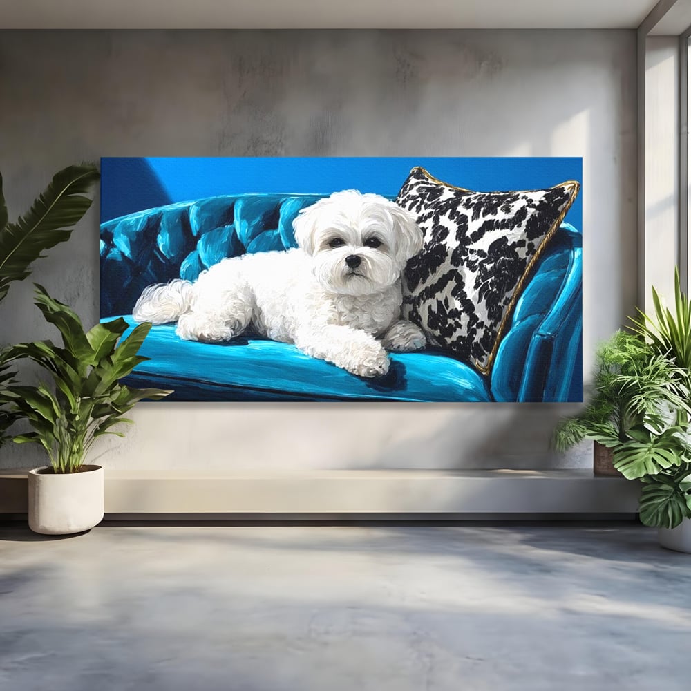 Tablou Canvas Premium, LuxCanva® M1280, Pufosenie Sofisticata, Bichon, Blanos, Canapea, Perna, Eleganta, Rafinament, Pictura, Relaxare, Caine, Confort, Birou, Living, Camera Copil