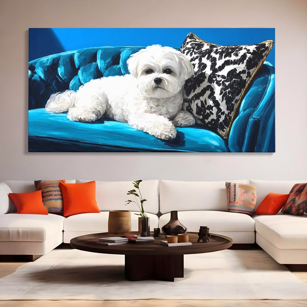 Tablou Canvas Premium, LuxCanva® M1280, Pufosenie Sofisticata, Bichon, Blanos, Canapea, Perna, Eleganta, Rafinament, Pictura, Relaxare, Caine, Confort, Birou, Living, Camera Copil