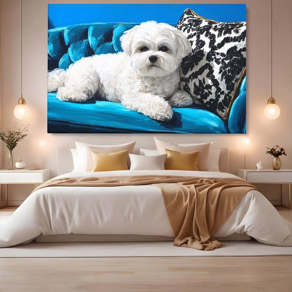 Tablou Canvas Premium, LuxCanva® M1280, Pufosenie Sofisticata, Bichon, Blanos, Canapea, Perna, Eleganta, Rafinament, Pictura, Relaxare, Caine, Confort, Birou, Living, Camera Copil