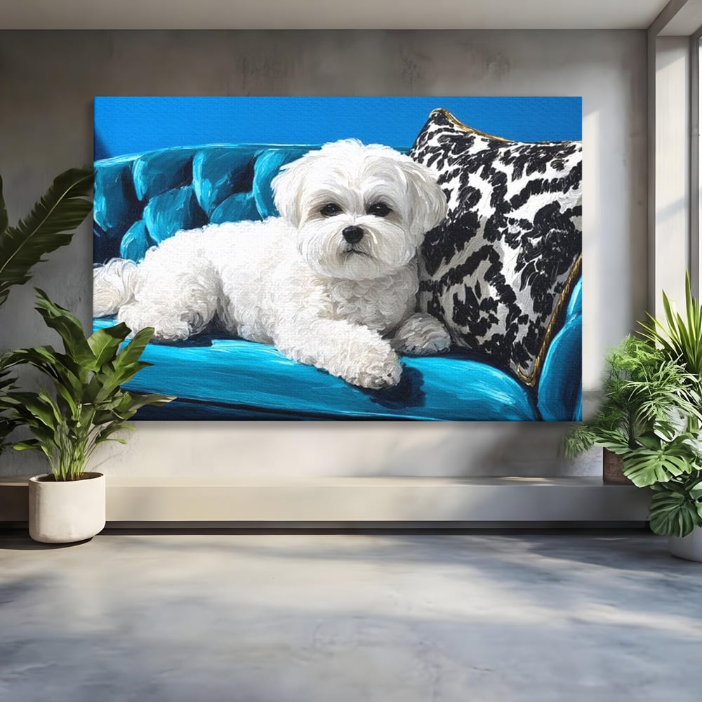 Tablou Canvas Premium, LuxCanva® M1280, Pufosenie Sofisticata, Bichon, Blanos, Canapea, Perna, Eleganta, Rafinament, Pictura, Relaxare, Caine, Confort, Birou, Living, Camera Copil