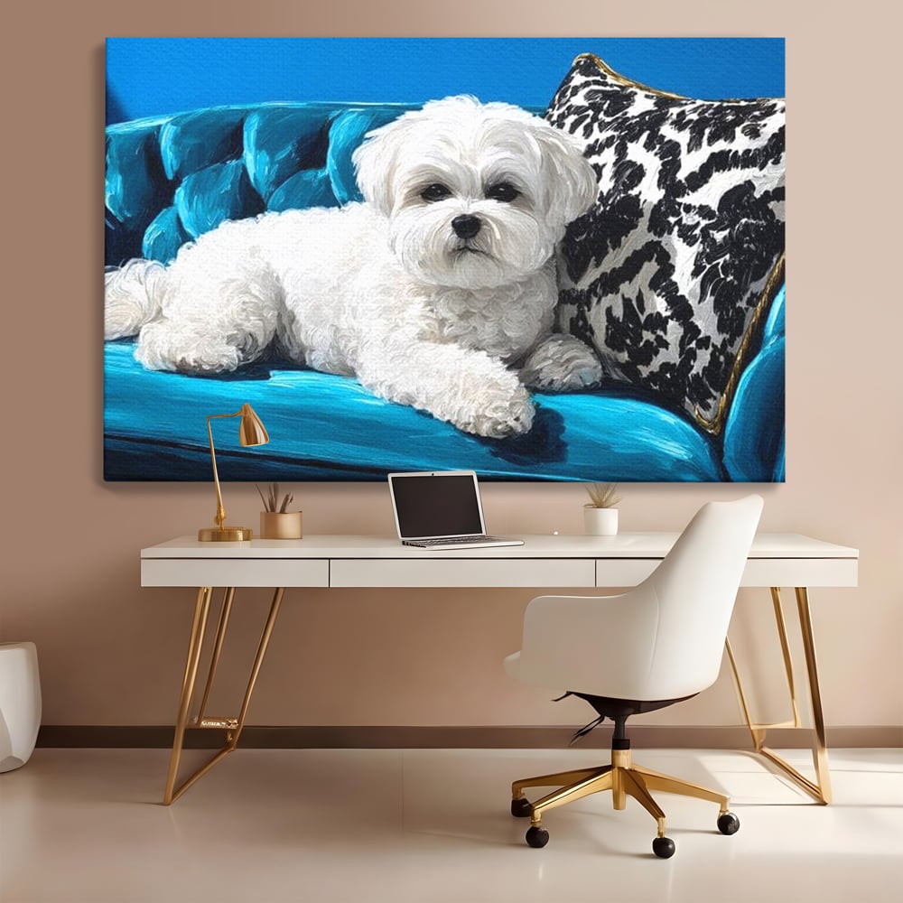 Tablou Canvas Premium, LuxCanva® M1280, Pufosenie Sofisticata, Bichon, Blanos, Canapea, Perna, Eleganta, Rafinament, Pictura, Relaxare, Caine, Confort, Birou, Living, Camera Copil