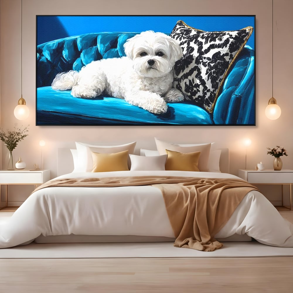 Tablou Canvas Premium, LuxCanva® M1280, Pufosenie Sofisticata, Bichon, Blanos, Canapea, Perna, Eleganta, Rafinament, Pictura, Relaxare, Caine, Confort, Birou, Living, Camera Copil