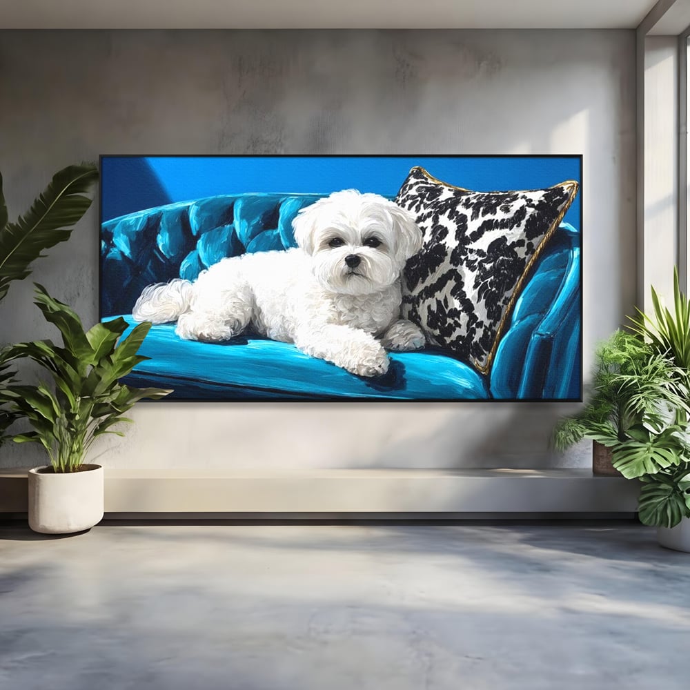 Tablou Canvas Premium, LuxCanva® M1280, Pufosenie Sofisticata, Bichon, Blanos, Canapea, Perna, Eleganta, Rafinament, Pictura, Relaxare, Caine, Confort, Birou, Living, Camera Copil