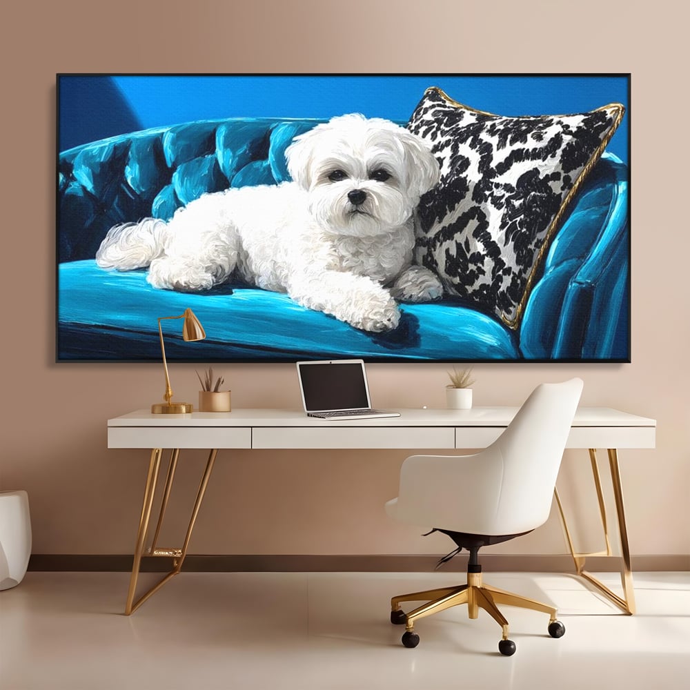 Tablou Canvas Premium, LuxCanva® M1280, Pufosenie Sofisticata, Bichon, Blanos, Canapea, Perna, Eleganta, Rafinament, Pictura, Relaxare, Caine, Confort, Birou, Living, Camera Copil