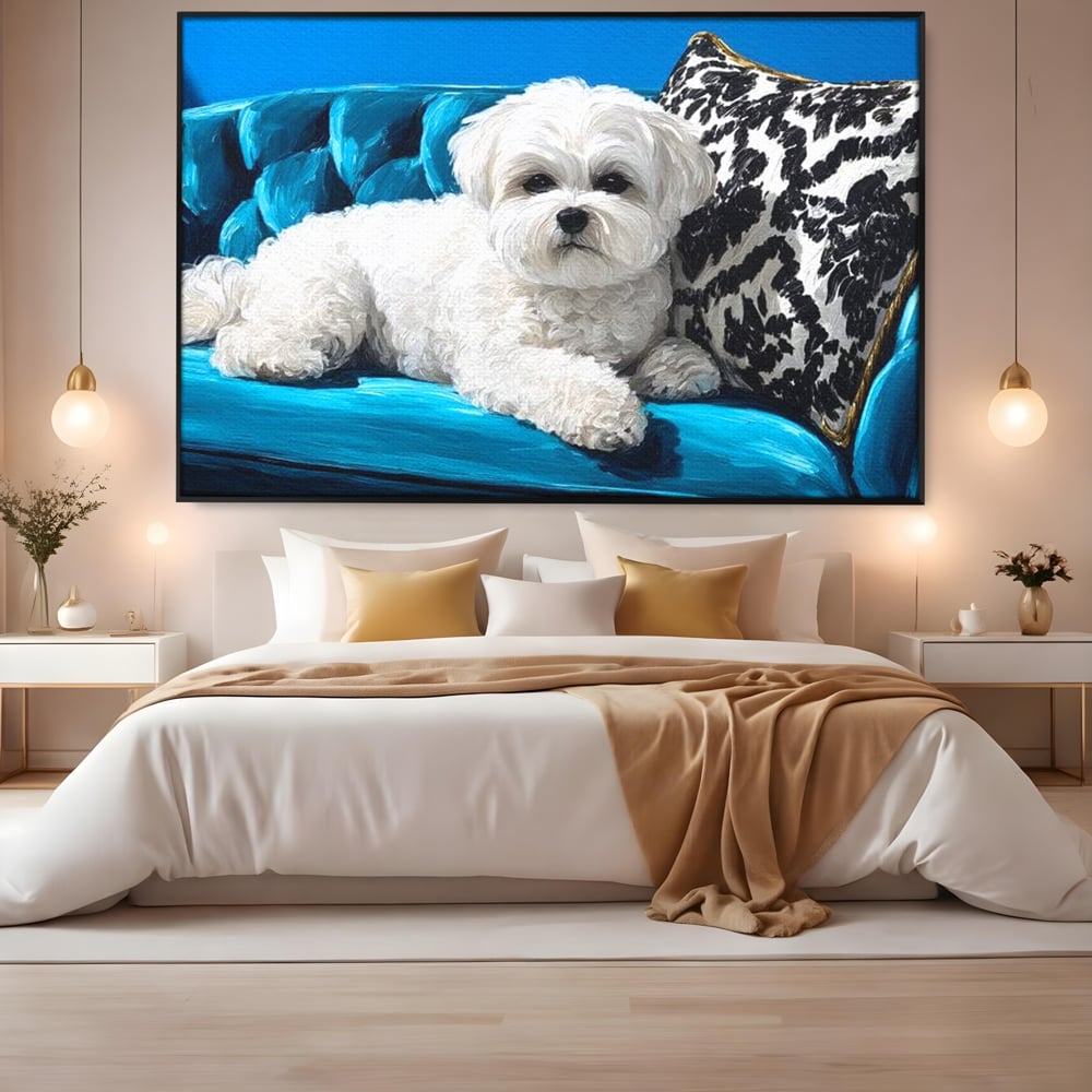 Tablou Canvas Premium, LuxCanva® M1280, Pufosenie Sofisticata, Bichon, Blanos, Canapea, Perna, Eleganta, Rafinament, Pictura, Relaxare, Caine, Confort, Birou, Living, Camera Copil