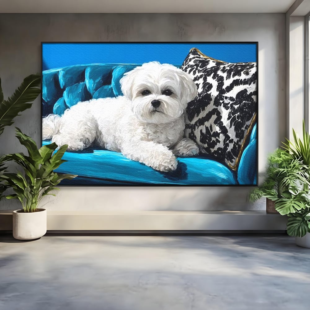 Tablou Canvas Premium, LuxCanva® M1280, Pufosenie Sofisticata, Bichon, Blanos, Canapea, Perna, Eleganta, Rafinament, Pictura, Relaxare, Caine, Confort, Birou, Living, Camera Copil