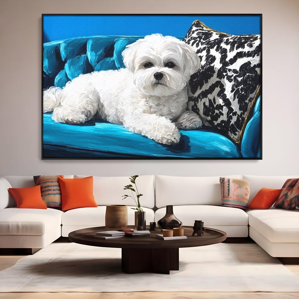 Tablou Canvas Premium, LuxCanva® M1280, Pufosenie Sofisticata, Bichon, Blanos, Canapea, Perna, Eleganta, Rafinament, Pictura, Relaxare, Caine, Confort, Birou, Living, Camera Copil