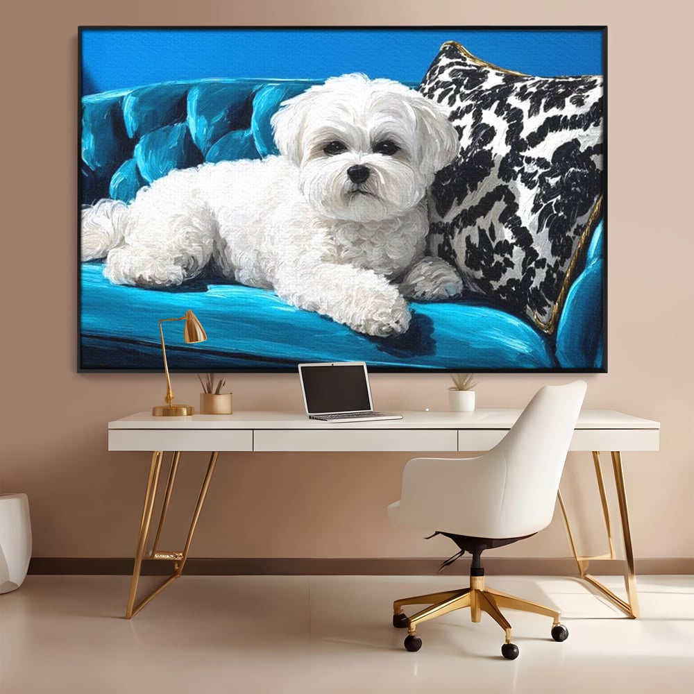 Tablou Canvas Premium, LuxCanva® M1280, Pufosenie Sofisticata, Bichon, Blanos, Canapea, Perna, Eleganta, Rafinament, Pictura, Relaxare, Caine, Confort, Birou, Living, Camera Copil