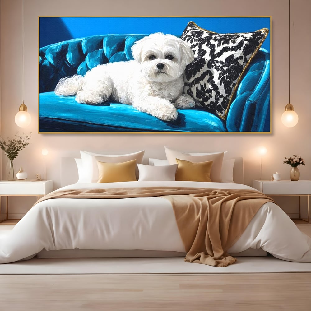 Tablou Canvas Premium, LuxCanva® M1280, Pufosenie Sofisticata, Bichon, Blanos, Canapea, Perna, Eleganta, Rafinament, Pictura, Relaxare, Caine, Confort, Birou, Living, Camera Copil
