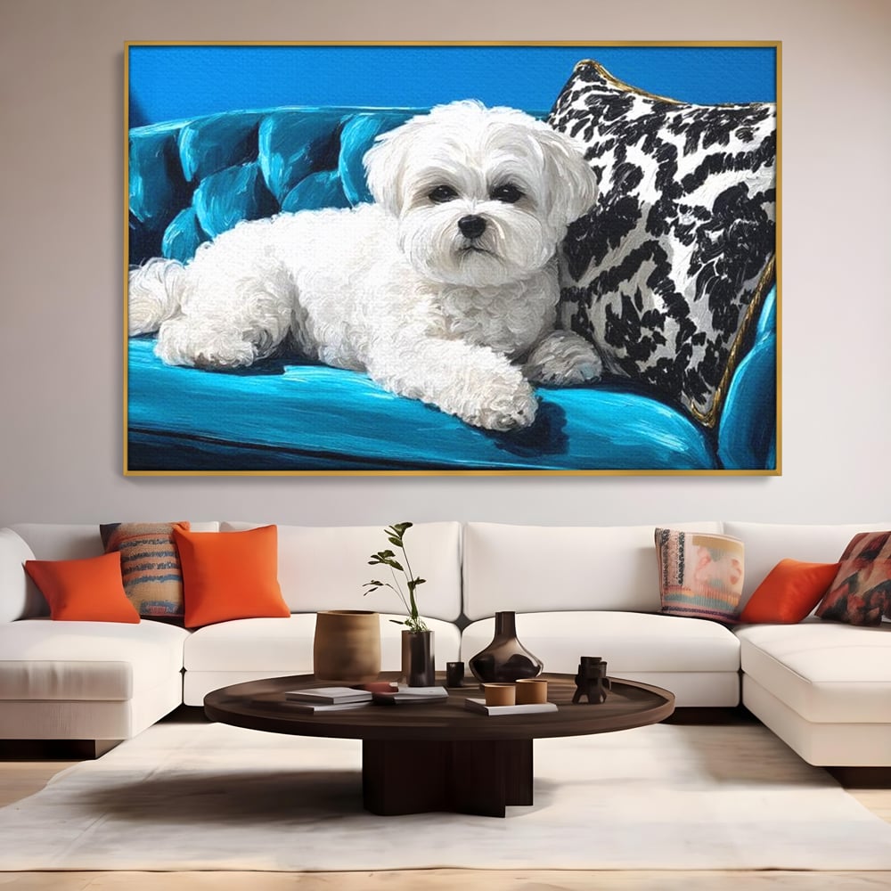 Tablou Canvas Premium, LuxCanva® M1280, Pufosenie Sofisticata, Bichon, Blanos, Canapea, Perna, Eleganta, Rafinament, Pictura, Relaxare, Caine, Confort, Birou, Living, Camera Copil