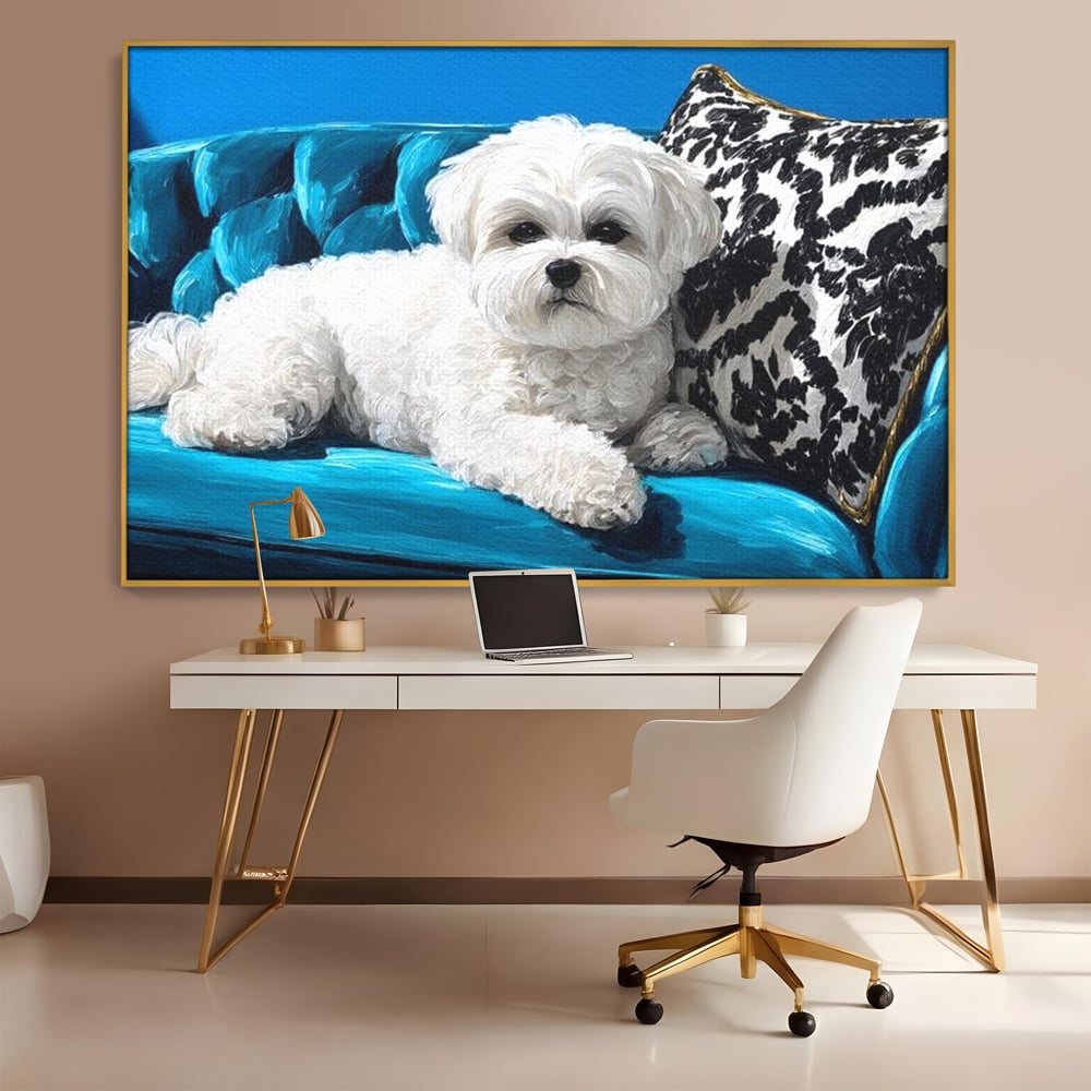 Tablou Canvas Premium, LuxCanva® M1280, Pufosenie Sofisticata, Bichon, Blanos, Canapea, Perna, Eleganta, Rafinament, Pictura, Relaxare, Caine, Confort, Birou, Living, Camera Copil