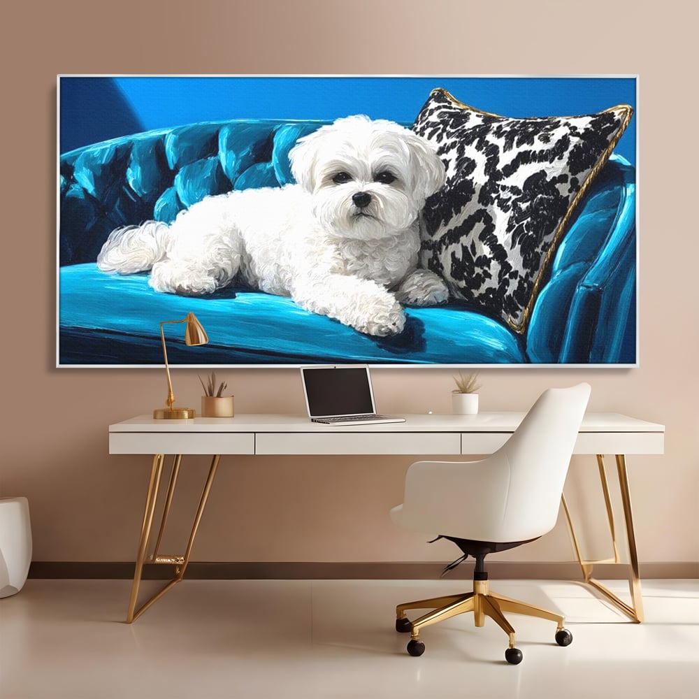 Tablou Canvas Premium, LuxCanva® M1280, Pufosenie Sofisticata, Bichon, Blanos, Canapea, Perna, Eleganta, Rafinament, Pictura, Relaxare, Caine, Confort, Birou, Living, Camera Copil