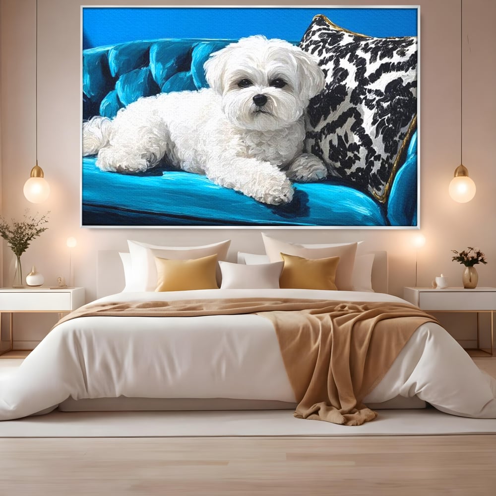 Tablou Canvas Premium, LuxCanva® M1280, Pufosenie Sofisticata, Bichon, Blanos, Canapea, Perna, Eleganta, Rafinament, Pictura, Relaxare, Caine, Confort, Birou, Living, Camera Copil