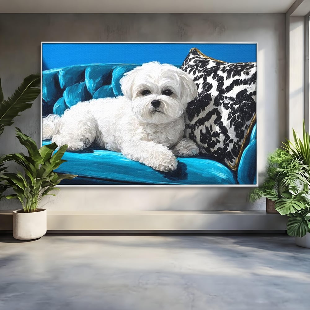 Tablou Canvas Premium, LuxCanva® M1280, Pufosenie Sofisticata, Bichon, Blanos, Canapea, Perna, Eleganta, Rafinament, Pictura, Relaxare, Caine, Confort, Birou, Living, Camera Copil
