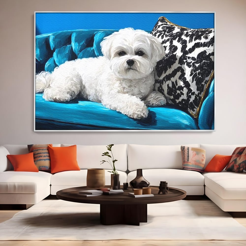 Tablou Canvas Premium, LuxCanva® M1280, Pufosenie Sofisticata, Bichon, Blanos, Canapea, Perna, Eleganta, Rafinament, Pictura, Relaxare, Caine, Confort, Birou, Living, Camera Copil