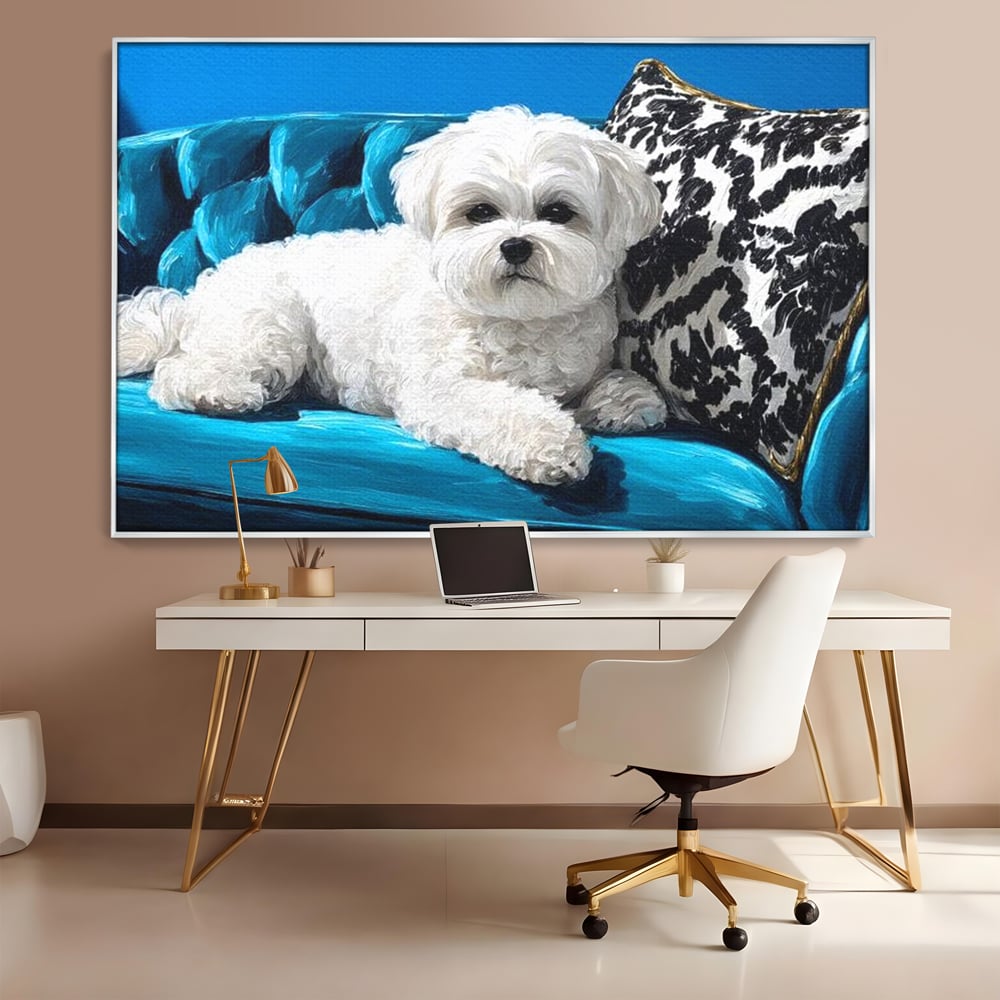 Tablou Canvas Premium, LuxCanva® M1280, Pufosenie Sofisticata, Bichon, Blanos, Canapea, Perna, Eleganta, Rafinament, Pictura, Relaxare, Caine, Confort, Birou, Living, Camera Copil