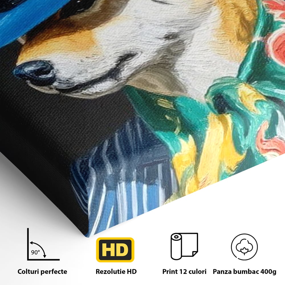 Leinwand Wandbild Premium, LuxCanva® M1282, Freund unter der Decke, Hund, Anzug, Retro, Elegant, Hüte, Schal, Mode, Stil, Malerei, Streifen, Büro, Wohnen, Kinderzimmer