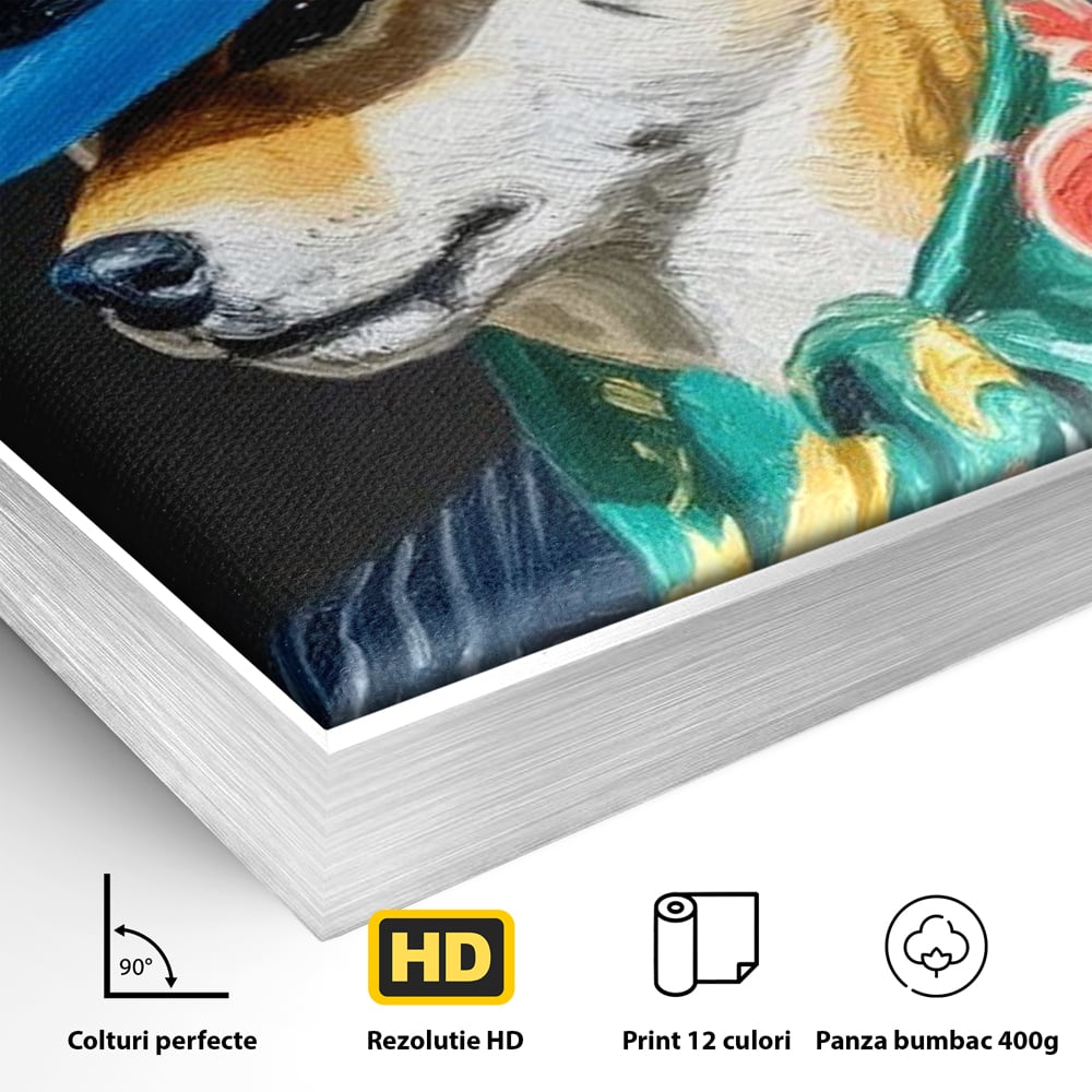 Leinwand Wandbild Premium, LuxCanva® M1282, Freund unter der Decke, Hund, Anzug, Retro, Elegant, Hüte, Schal, Mode, Stil, Malerei, Streifen, Büro, Wohnen, Kinderzimmer