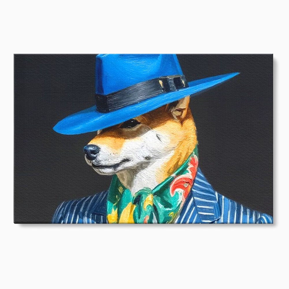 Leinwand Wandbild Premium, LuxCanva® M1282, Freund unter der Decke, Hund, Anzug, Retro, Elegant, Hüte, Schal, Mode, Stil, Malerei, Streifen, Büro, Wohnen, Kinderzimmer