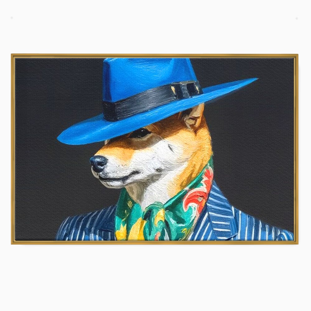 Leinwand Wandbild Premium, LuxCanva® M1282, Freund unter der Decke, Hund, Anzug, Retro, Elegant, Hüte, Schal, Mode, Stil, Malerei, Streifen, Büro, Wohnen, Kinderzimmer