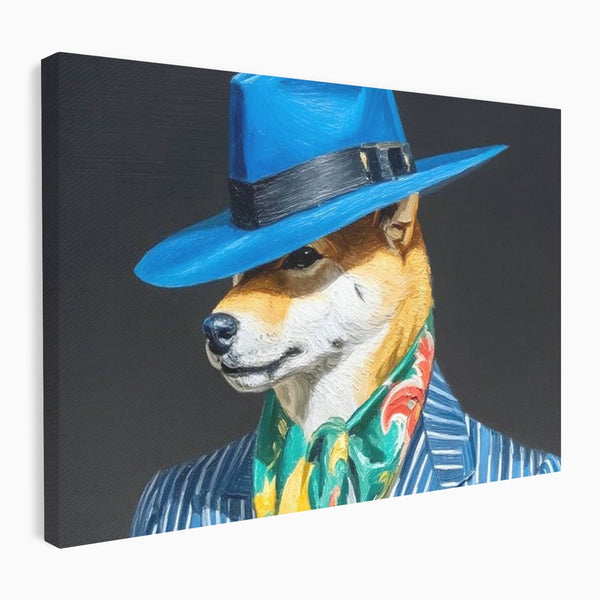 Leinwand Wandbild Premium, LuxCanva® M1282, Freund unter der Decke, Hund, Anzug, Retro, Elegant, Hüte, Schal, Mode, Stil, Malerei, Streifen, Büro, Wohnen, Kinderzimmer