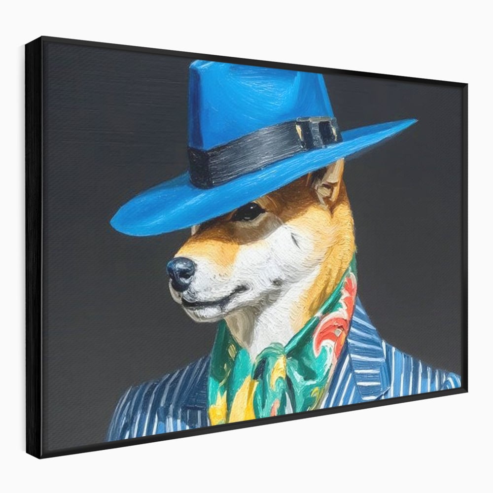 Leinwand Wandbild Premium, LuxCanva® M1282, Freund unter der Decke, Hund, Anzug, Retro, Elegant, Hüte, Schal, Mode, Stil, Malerei, Streifen, Büro, Wohnen, Kinderzimmer