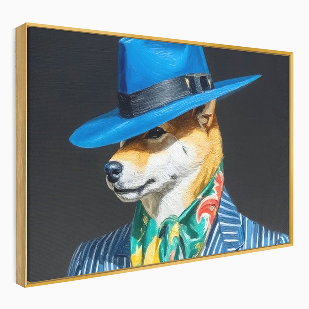 Leinwand Wandbild Premium, LuxCanva® M1282, Freund unter der Decke, Hund, Anzug, Retro, Elegant, Hüte, Schal, Mode, Stil, Malerei, Streifen, Büro, Wohnen, Kinderzimmer