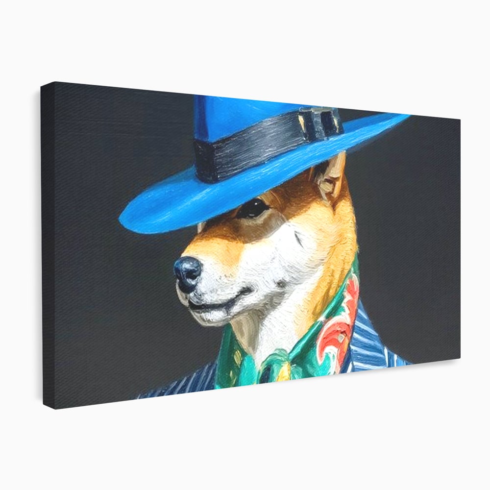 Leinwand Wandbild Premium, LuxCanva® M1282, Freund unter der Decke, Hund, Anzug, Retro, Elegant, Hüte, Schal, Mode, Stil, Malerei, Streifen, Büro, Wohnen, Kinderzimmer