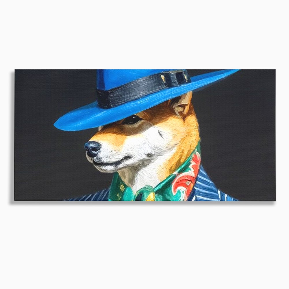 Leinwand Wandbild Premium, LuxCanva® M1282, Freund unter der Decke, Hund, Anzug, Retro, Elegant, Hüte, Schal, Mode, Stil, Malerei, Streifen, Büro, Wohnen, Kinderzimmer