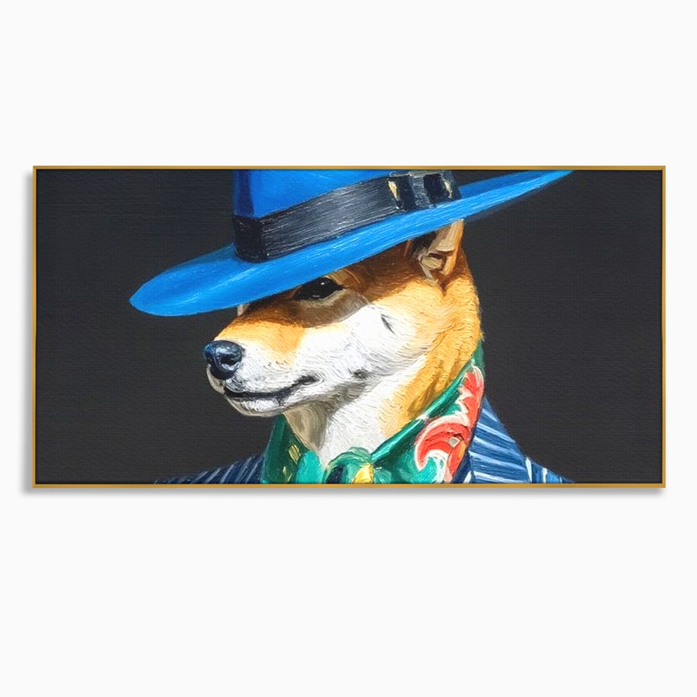 Leinwand Wandbild Premium, LuxCanva® M1282, Freund unter der Decke, Hund, Anzug, Retro, Elegant, Hüte, Schal, Mode, Stil, Malerei, Streifen, Büro, Wohnen, Kinderzimmer